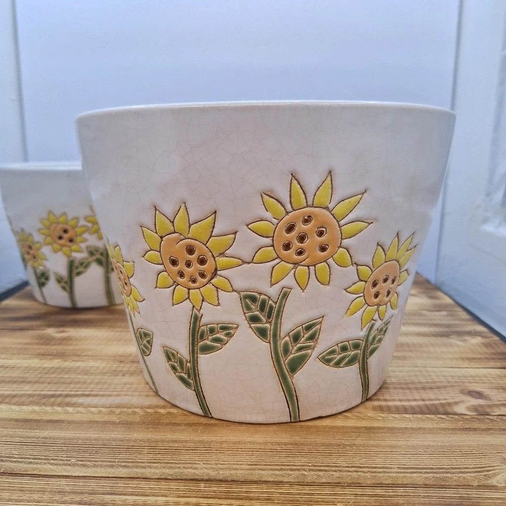 Sunflower Carved Pot Planter Artisan Pottery Art Whimsical set X2 LG 8